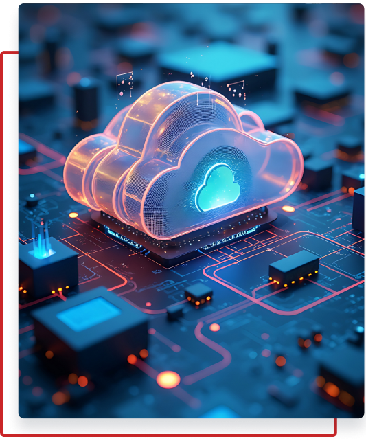 Futuristic cloud computing icon on a digital circuit board